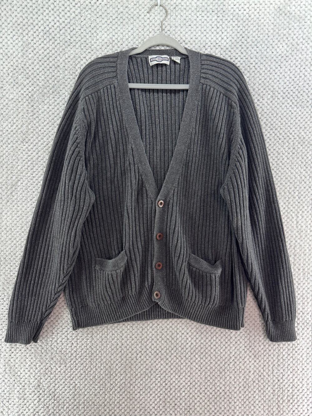 VTG Gulf Traders Grandpa Button Front Cardigan XL Gray Ramie Cotton Rib Knit